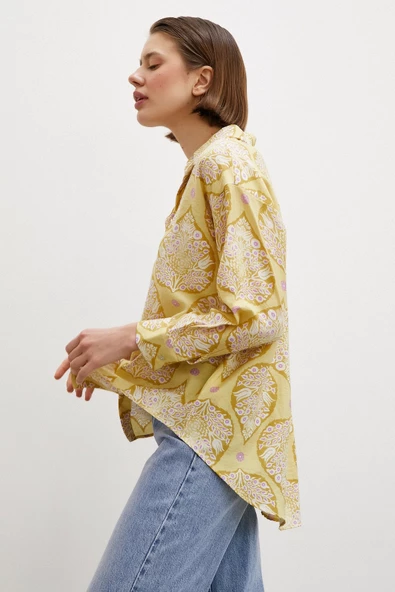 Çini Desenli Modal Gömlek Sarı - Resim 6