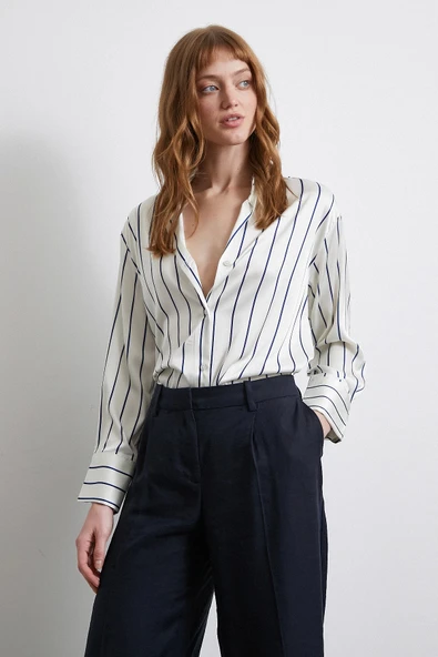 İnce Çizgili Şifon Gömlek Ekru - Resim 3