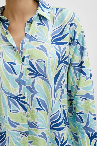 Baskılı Modal Gömlek Mavi - Resim 4