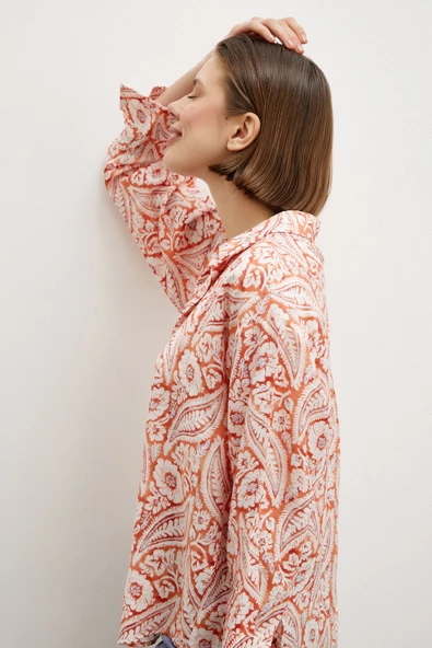 Şal Desen Modal Gömlek Turuncu - Resim 6