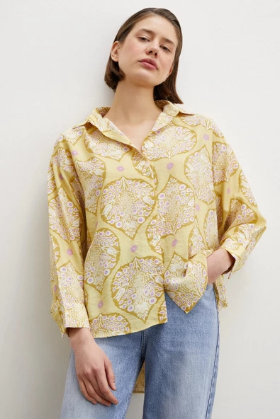 Çini Desenli Modal Gömlek Sarı - Resim 5