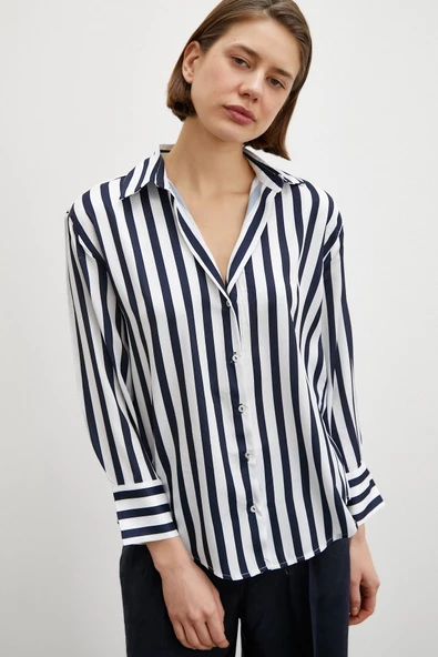 Robalı Çizgili Gömlek Lacivert - Resim 4