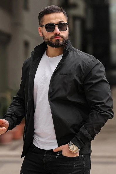 Erkek Gömlek Yaka Baharlık Mont Astarlı Mevsimlik Çeket Siyah