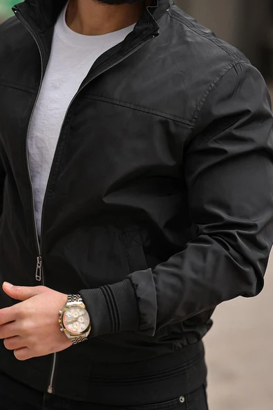 Erkek Gömlek Yaka Baharlık Mont Astarlı Mevsimlik Çeket Siyah - 4