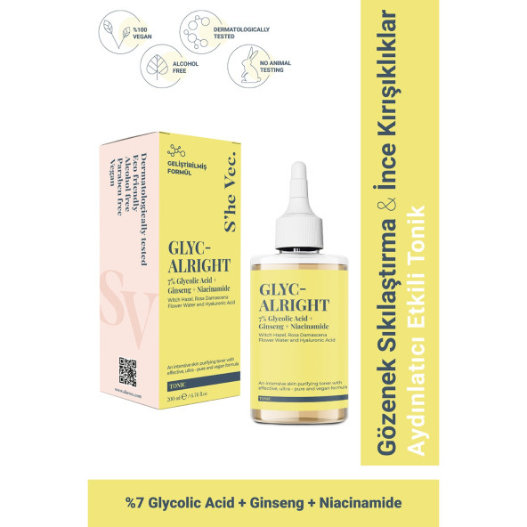 GLYC ALRIGHT Gözenek Sıkılaştırıcı Aydınlatıcı Etkili Glikolik Asit, Ginseng & Niacinamide Tonik