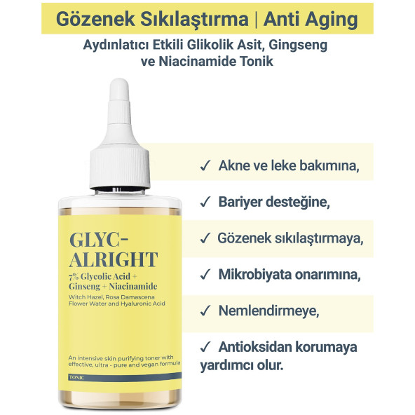 GLYC ALRIGHT Gözenek Sıkılaştırıcı Aydınlatıcı Etkili Glikolik Asit, Ginseng & Niacinamide Tonik - 2