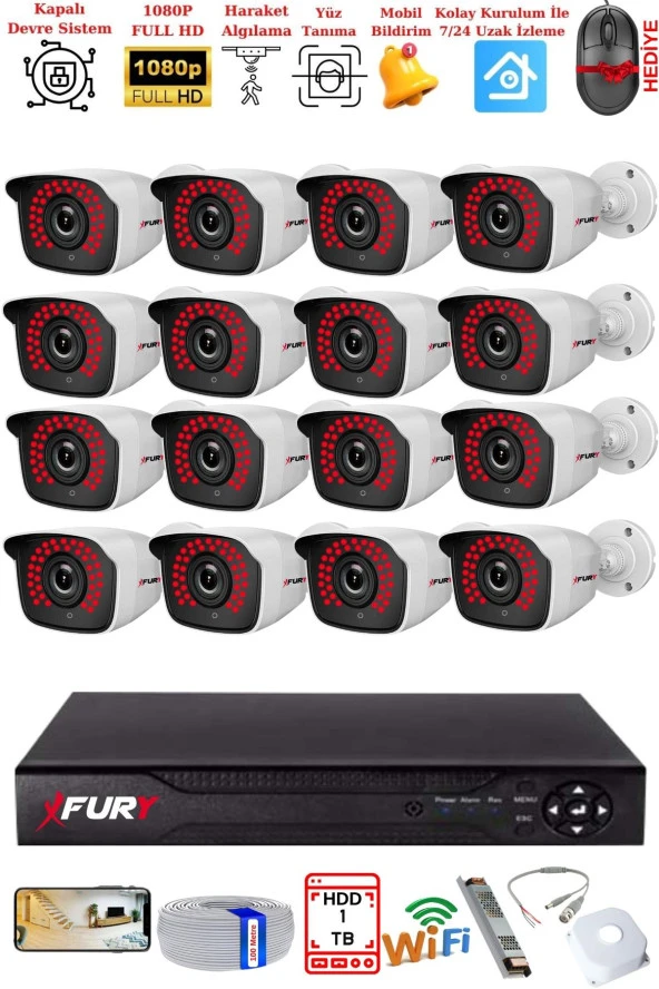 FURY 16 Kamera Geniş Açı 1080P FullHD Görüntü 36 Led Gece Görüşlü-Su Geçirmez  Güvenlik Kamera Seti 1TB