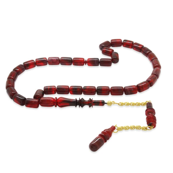 Nipora Gold Renk 925 Ayar Gümüş Püsküllü İmamesı Usta İşçilikli Kapsül Kesim Kırmızı-Mor Katalin Tesbih ürün görseli