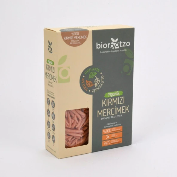 Biorootzo Organik Glütensiz ve Vegan Artizan Bronz Kalıp Kırmızı Mercimek Casarecce  200 g
