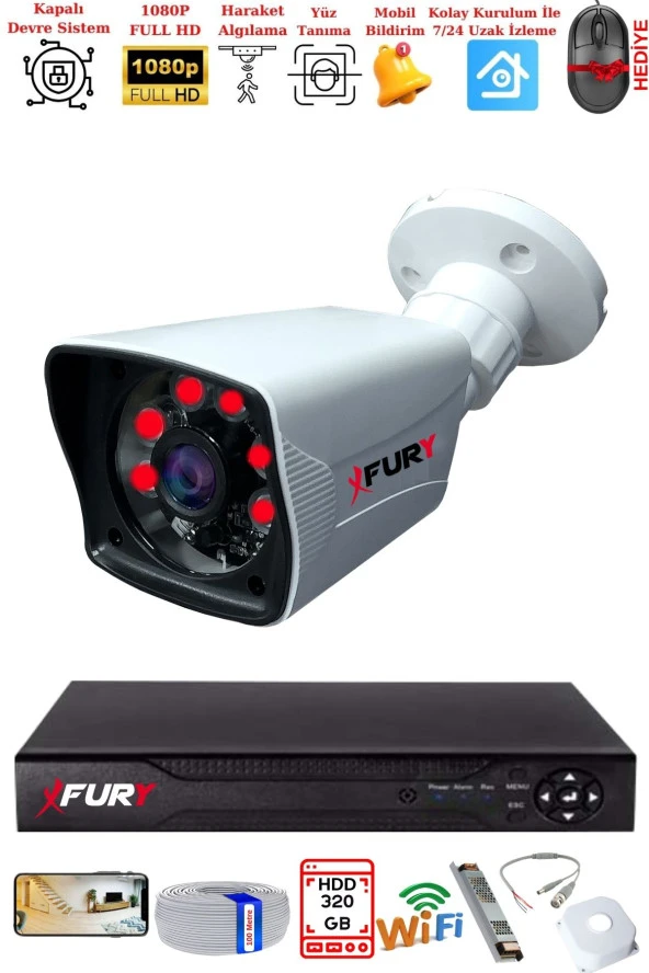 FURY 1 Kameralı 2MP Full HD Görüntü 6 Atom Led Gece Görüşlü Dış Mekan Güvenlik Kamerası Seti 320GB