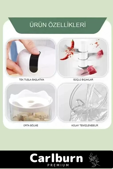 Premium Paslanmaz 3 Bıçaklı Kolay Hızlı Sebze Meyve Sarımsak Pratik Sarjlı Mini El Rondosu 250 ml - 3