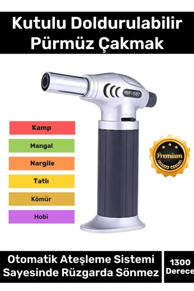 1300 Derece Sıcaklık Veren Tatlı Lehim Mangal Ateş Kömür Kamp Kutulu Doldurulabilir Pürmüz Çakmak