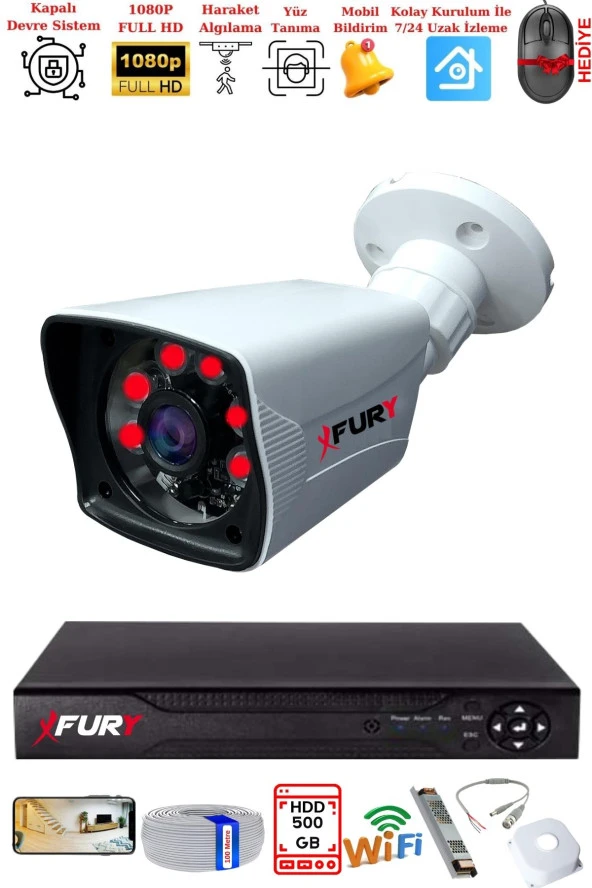 FURY 1 Kameralı 2MP Full HD Görüntü 6 Atom Led Gece Görüşlü Dış Mekan Güvenlik Kamerası Seti 500GB