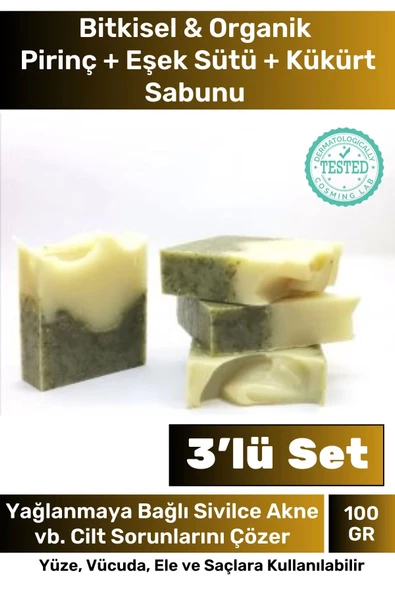 3'lü Fırsat %100 Doğal Beyazlatıcı Sabun Paketi Pirinç + Eşek Sütü + Kükürt Kalıp Yüz & Cilt Sabunu
