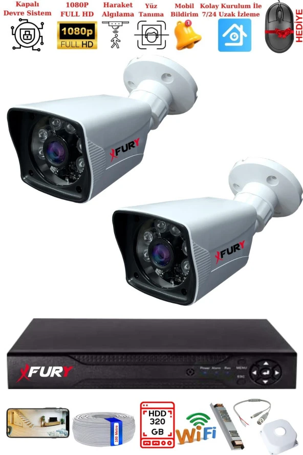 FURY 2 Kameralı 2MP Full HD Görüntü 6 Atom Led Gece Görüşlü Dış Mekan Güvenlik Kamerası Seti 320GB - Resim 2