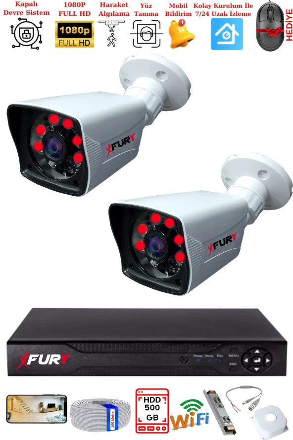 FURY 2 Kameralı 2MP Full HD Görüntü 6 Atom Led Gece Görüşlü Dış Mekan Güvenlik Kamerası Seti 500GB