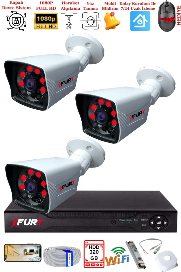 FURY 3 Kameralı 2MP Full HD Görüntü 6 Atom Led Gece Görüşlü Dış Mekan Güvenlik Kamerası Seti 320GB