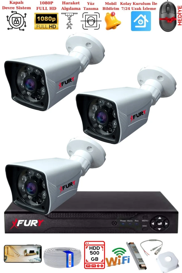 FURY 3 Kameralı 2MP Full HD Görüntü 6 Atom Led Gece Görüşlü Dış Mekan Güvenlik Kamerası Seti 500GB - Resim 2