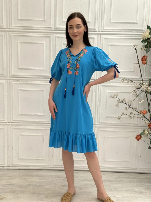 KADIN YAZLIK NAKIŞ İŞLEMELİ ELBİSE - 8022 - 5