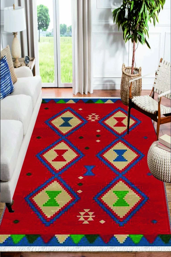 Kırmızı Mavi Otantik Desenli Yıkanabilir Kaymaz Salon Halısı Dekoratif Kilim Arm-1112