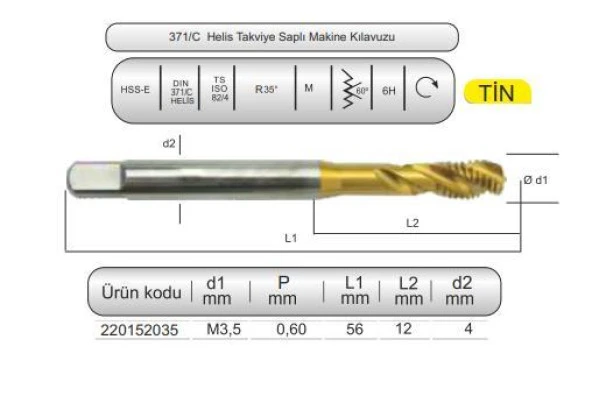 HSSE DIN371/C 35° HELİS M3,5x0,6 (6H) TİN ürün görseli 1