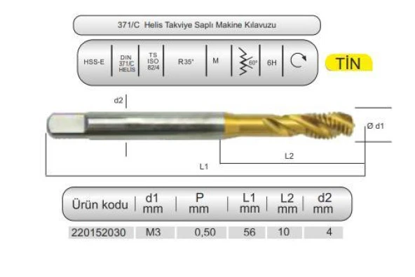 HSSE DIN371/C 35° HELİS M3x0,5 (6H) TİN ürün görseli 1