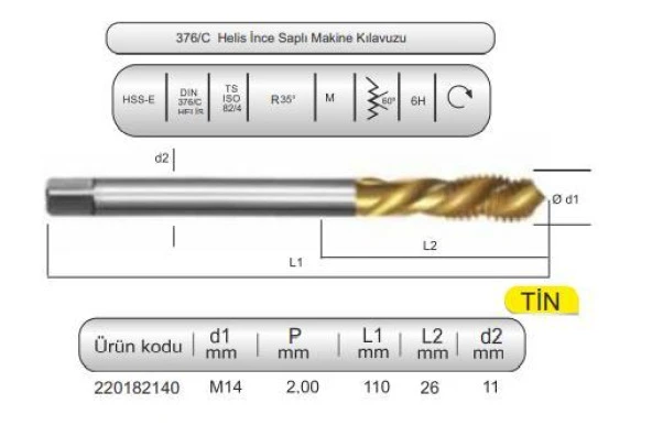 HSSE DIN376/C 35° HELİS M14x2,0 (6H) TİN ürün görseli 1