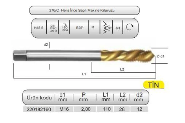 HSSE DIN376/C 35° HELİS M16x2,0 (6H) TİN ürün görseli 1