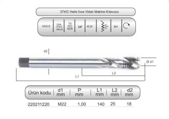 HSSE DIN374/C HELİS MAK.KLVZ. M22x1 (6H)