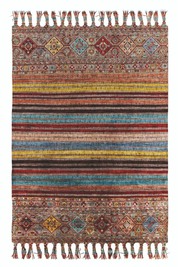 Etnik Otantik Vintage Desenli Yıkanabilir Saçaklı Uşak Dokuma Kilim Petra-9003