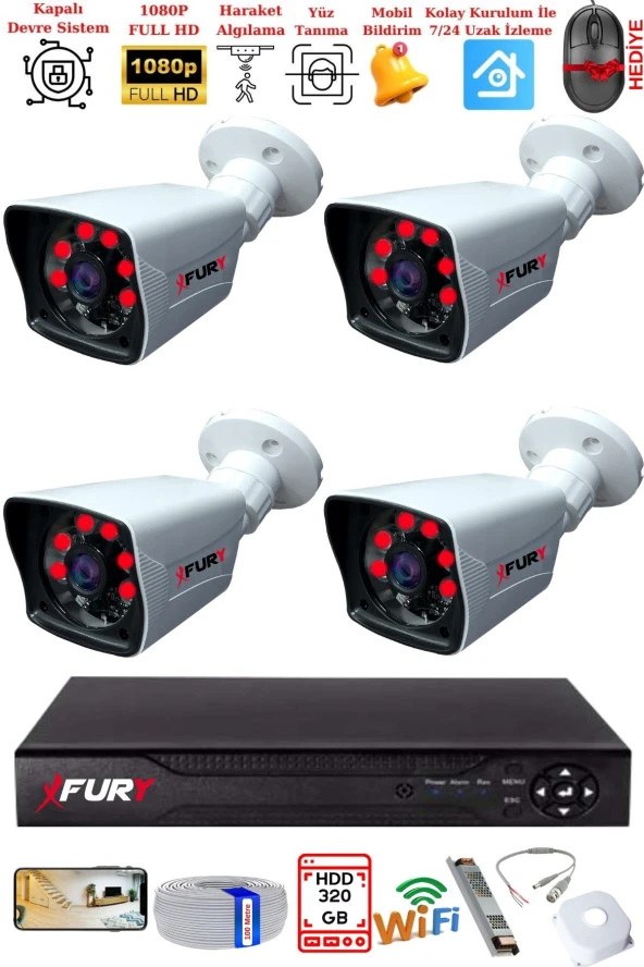 FURY 4 Kameralı 2MP Full HD Görüntü 6 Atom Led Gece Görüşlü Dış Mekan Güvenlik Kamerası Seti 320GB