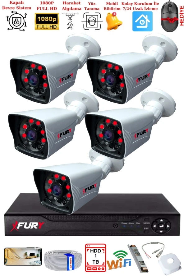 FURY 5 Kameralı 2MP Full HD Görüntü 6 Atom Led Gece Görüşlü Dış Mekan Güvenlik Kamerası Seti 1TB