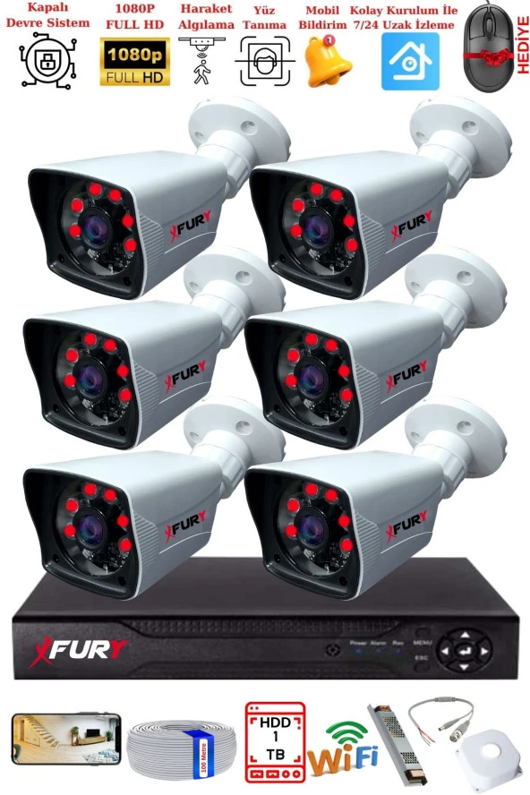 FURY 6 Kameralı 2MP Full HD Görüntü 6 Atom Led Gece Görüşlü Dış Mekan Güvenlik Kamerası Seti 1TB