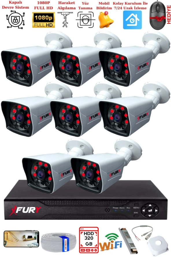FURY 8 Kameralı 2MP Full HD Görüntü 6 Atom Led Gece Görüşlü Dış Mekan Güvenlik Kamerası Seti 320GB