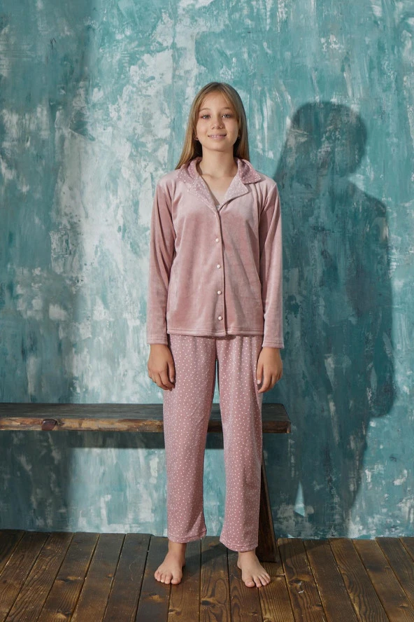 Kız Çocuk Kadife Önden Düğmeli Altı Uzun Pijama Takım | 13354-17
