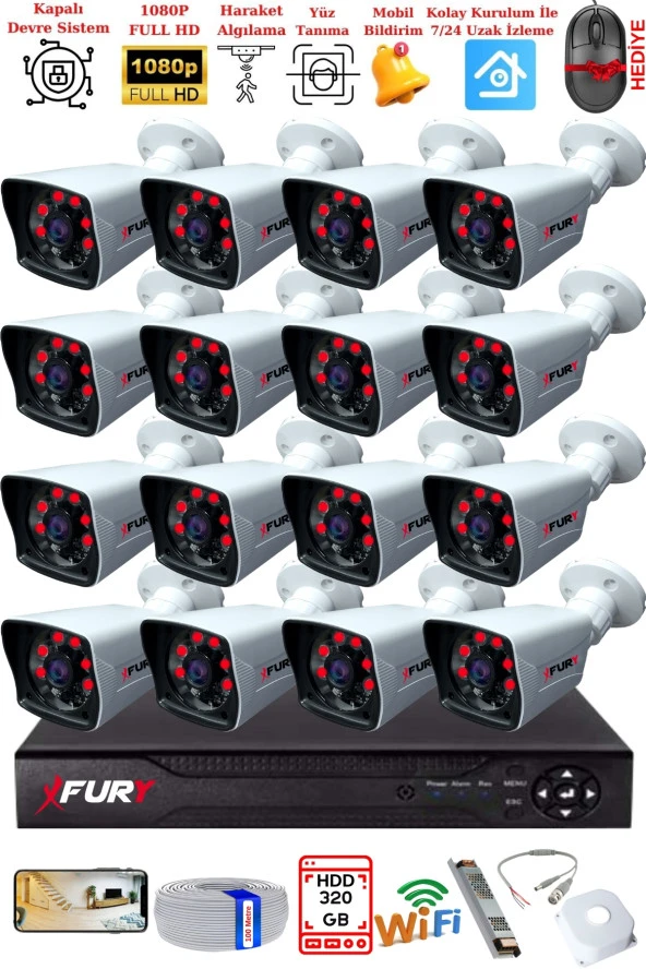FURY 16 Kameralı 2MP Full HD Görüntü 6 Atom Led Gece Görüşlü Dış Mekan Güvenlik Kamerası Seti 320GB ürün görseli