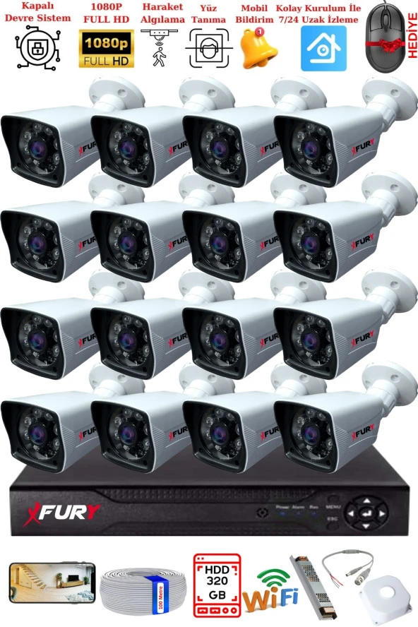 FURY 16 Kameralı 2MP Full HD Görüntü 6 Atom Led Gece Görüşlü Dış Mekan Güvenlik Kamerası Seti 320GB - Resim 2