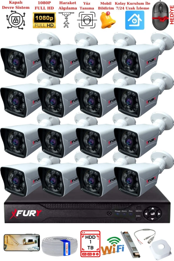 FURY 16 Kameralı 2MP Full HD Görüntü 6 Atom Led Gece Görüşlü Dış Mekan Güvenlik Kamerası Seti 1TB - Resim 2