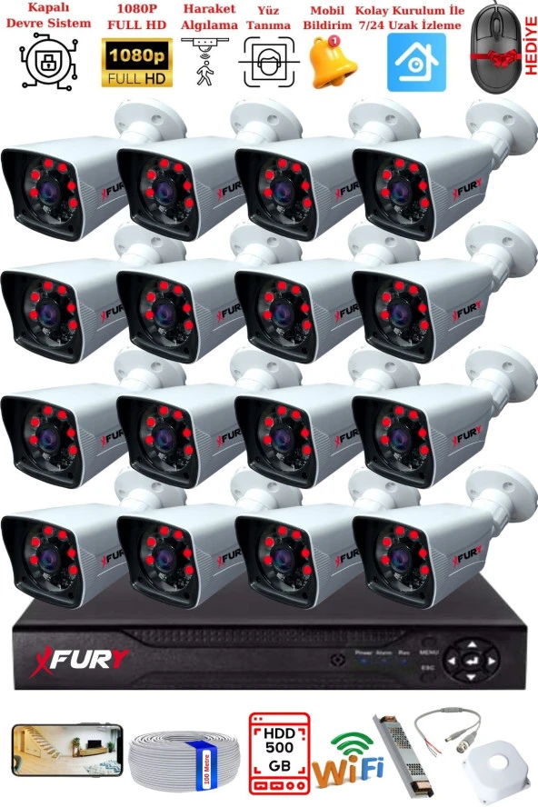 FURY 16 Kameralı 2MP Full HD Görüntü 6 Atom Led Gece Görüşlü Dış Mekan Güvenlik Kamerası Seti 500GB