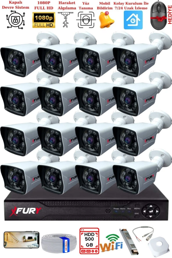 FURY 16 Kameralı 2MP Full HD Görüntü 6 Atom Led Gece Görüşlü Dış Mekan Güvenlik Kamerası Seti 500GB - Resim 2