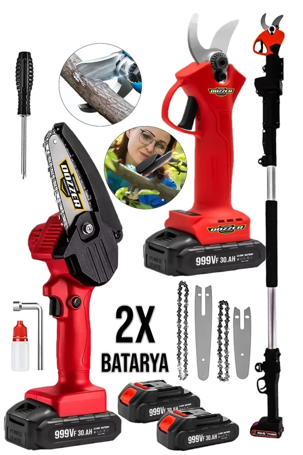 Alman 2Li Set 21V 3.0Ah 3 Metre Teleskopik  Akülü Dal Kesme Makası Ve Budama Bıçkı Testere Makinesi