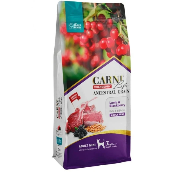 Carni Dog Adult Mini (Mini Irk Yetişkin Köpek) Kuzu Eti Ve Böğürtlenli Köpek Maması 7 Kg