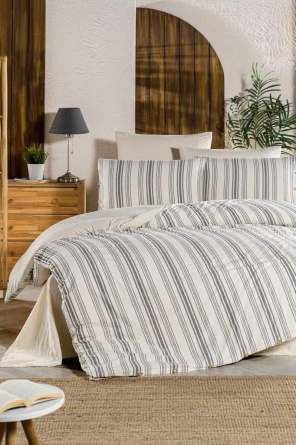 Nevresim Dünyası Organik Çift Kişilik Nevresim Takımı Line Stripe Kahve