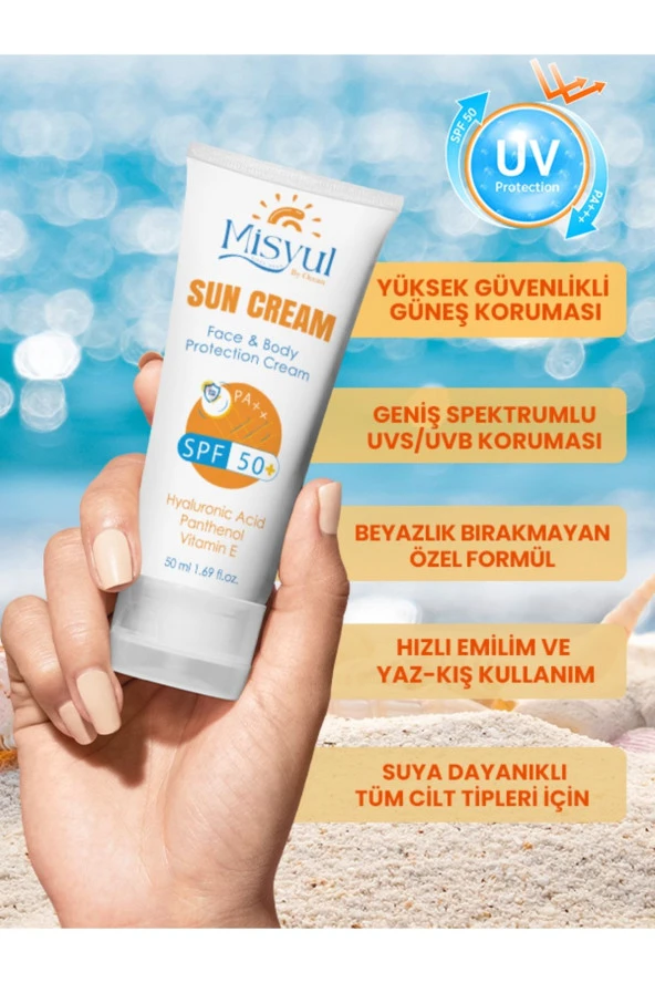 Güneş Kremi SPF 50 + Leke Karşıtı Hyaluronic Acid Nemlendirici Yüz Ve Vücut Protection Cream 50ml