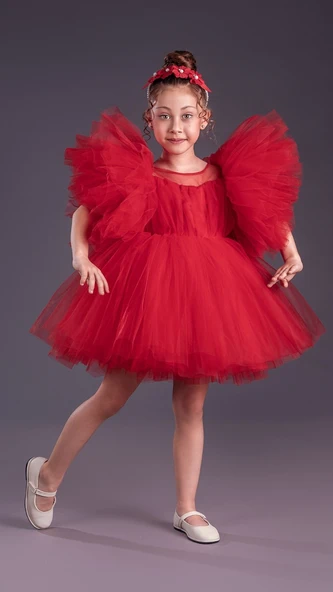 Tütü Etekli Kabarık Kollu Komotini Taçlı Kız Çocuk Abiye Elbise MNK0582 - Resim 4