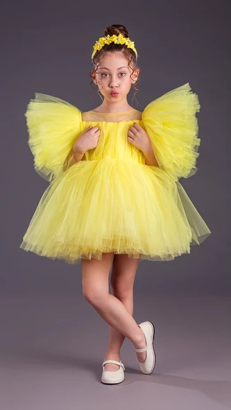 Tütü Etekli Kabarık Kollu Komotini Taçlı Kız Çocuk Abiye Elbise MNK0582 - Resim 2