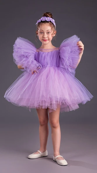 Tütü Etekli Kabarık Kollu Komotini Taçlı Kız Çocuk Abiye Elbise MNK0582 - Resim 5