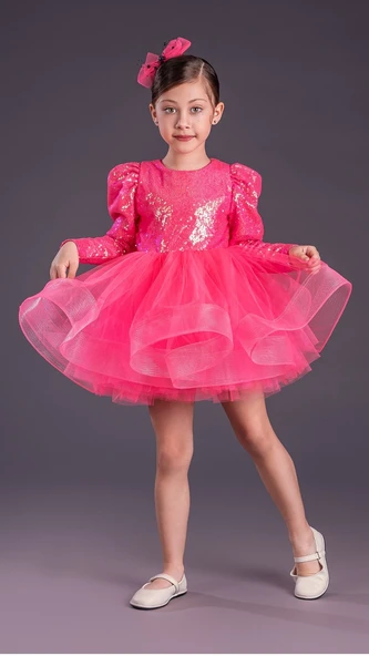 Tütü Gren Etekli Kız Çocuk Pul Payetli Uzun Kol Kikidi Elbise MNK0583 - 2