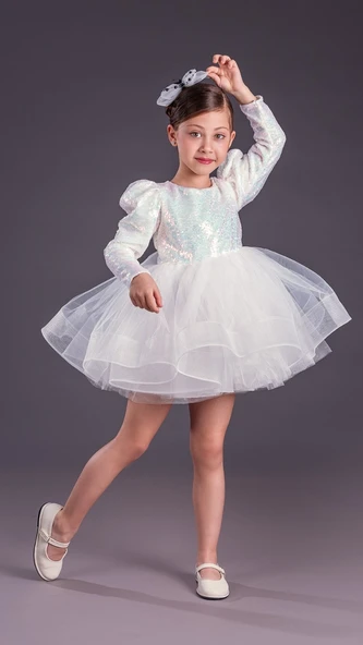 Tütü Gren Etekli Kız Çocuk Pul Payetli Uzun Kol Kikidi Elbise MNK0583 - 3