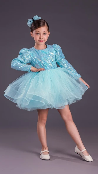 Tütü Gren Etekli Kız Çocuk Pul Payetli Uzun Kol Kikidi Elbise MNK0583 - 5